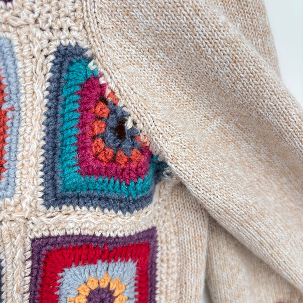 Alfred Dunner Petite Granny Square Crochet Cardigan Sweater Beige Sz PL - Picture 5 of 12